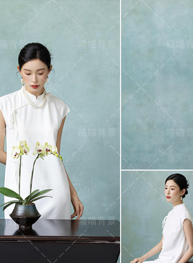 新中式旗袍婚纱照影楼蓝色肌理油画少女感写真拍照背景布清冷感影棚室内复古高级感禅意民国风蝴蝶兰MH-2959
