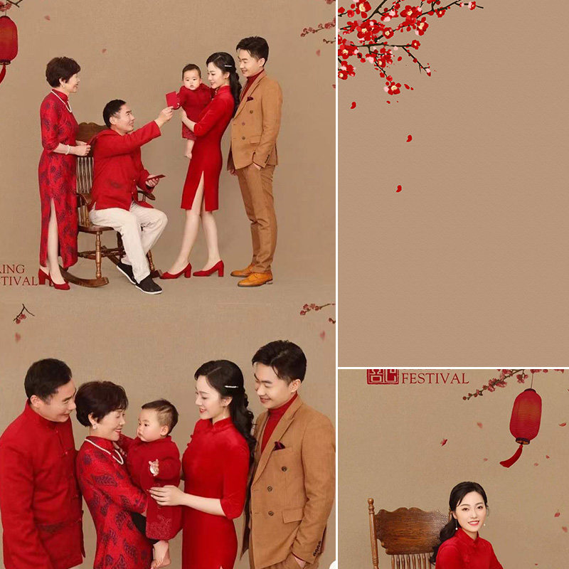 新年全家福喜庆油画背景布摄影影楼拍摄道具喷绘背景过年氛围仿手绘