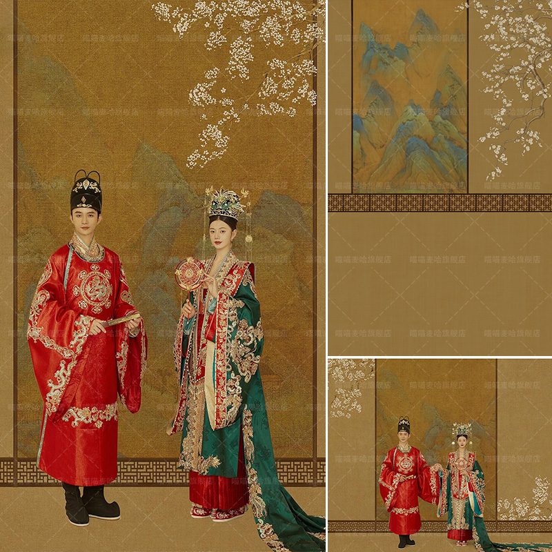 古风汉服婚纱摄影复古工笔画风格中国风高级感影楼婚纱摄影拍照背景布个性创意艺术写真古韵影棚室内MH-1991