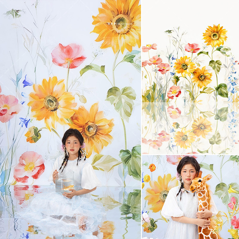 2026年新款春季儿童鲜花治愈时光写真拍照背景布女儿生日照百天春天里氛围感油画影棚室内高级感背景纸H-4056