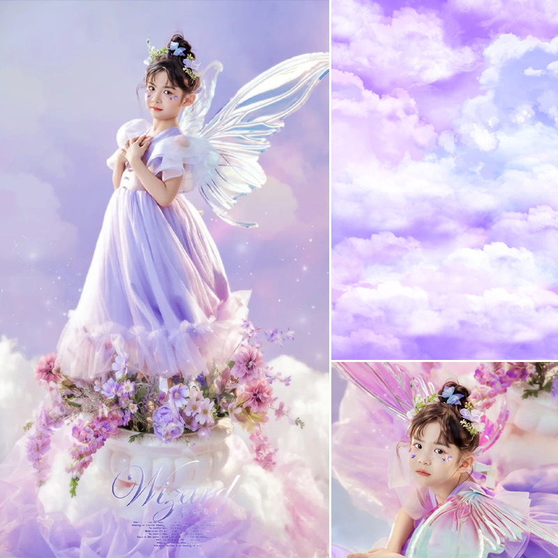 水彩云朵梦幻紫色天空影楼摄影背景定制大尺寸设计装饰简约唯美云端