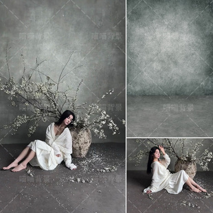 新中式 2548 灰绿色肌理纹理国风油画少女清冷破碎感写真背景布影楼婚纱摄影樱花树下春天氛围感影棚室内MH