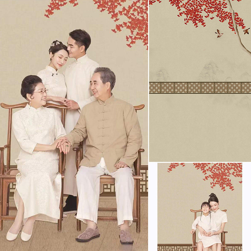 中国风复古古装全家福工笔画影楼喷绘背景仿手绘工笔画风景室内拍照艺术婚纱旗袍民国风影棚写真幕布背景布图片