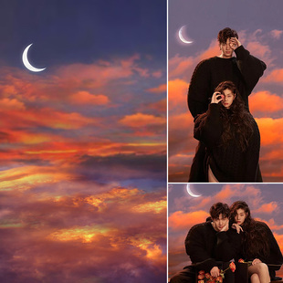 夜晚云朵油画背景布摄影影楼拍摄道具红色火烧云背景复古喷绘仿手绘工笔画婚纱艺术写真云朵月亮拍照室内幕布