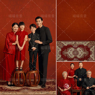 红色肌理油画全家福写真拍照背景布唐装年味春节日氛围感写真影棚室内旗袍新中式一家六口三代同堂MH-3530
