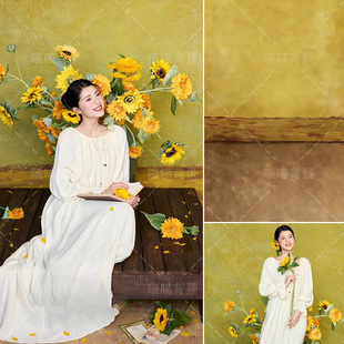 黄色肌理油画少女写真拍照背景布向日葵少女氛围感梵高世界影棚室内新中式国风高级感摄影背景纸槐黄MH-3280