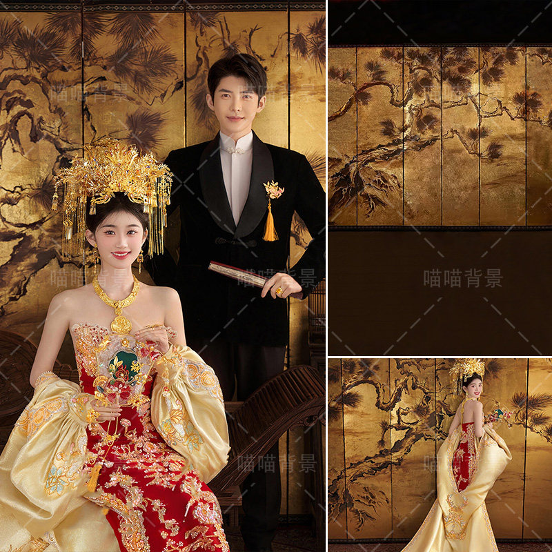 南洋新中式婚纱照影楼婚纱摄影拍照背景布明制汉服中国风喷绘喜嫁高级感影棚室内十里红妆凤冠霞帔MH-2064