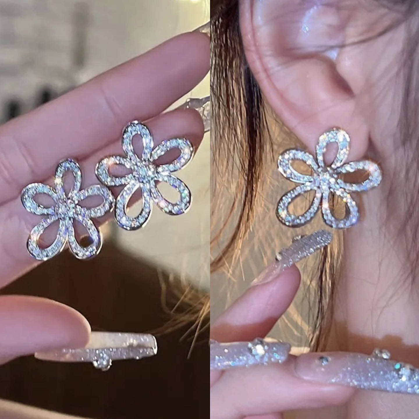 美丽太阳花朵满钻耳钉女