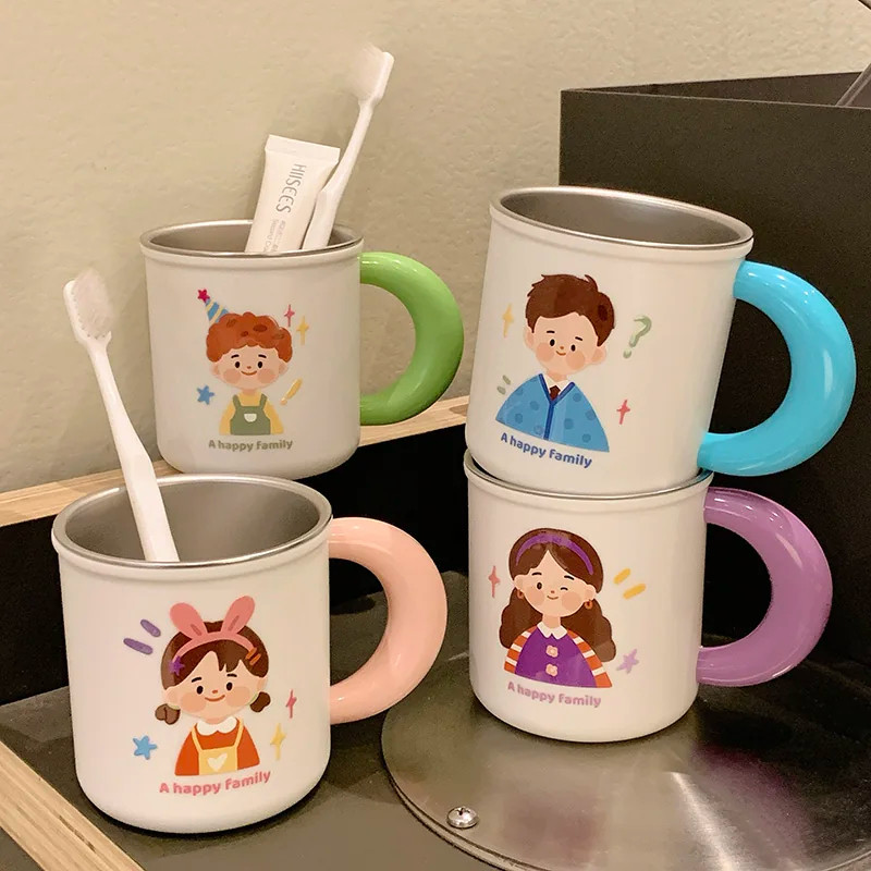 日本呆萌一家可爱情侣漱口杯家庭刷牙杯316不锈钢防摔洗漱牙刷杯