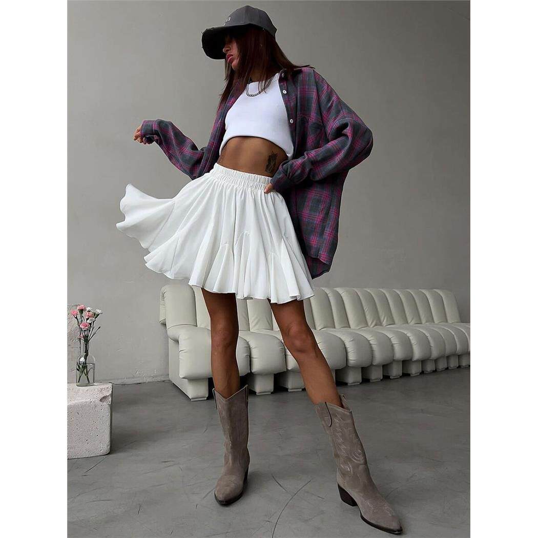 Pleated irregular skirt 欧美纯色高腰百褶半身裙大摆不规则短裙
