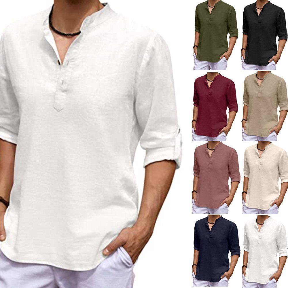 Men's casual shirt 欧美外贸休闲男士宽松衬衣棉麻套头衬衫