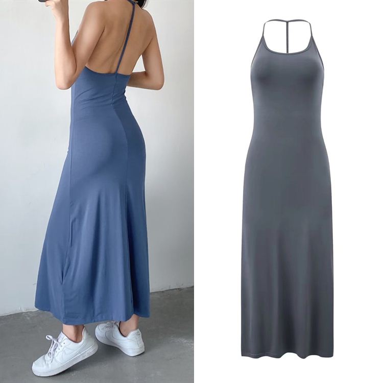 欧美纯色性感大露背挂脖连衣裙女夏季修身显瘦无袖包臀裙打底长裙
