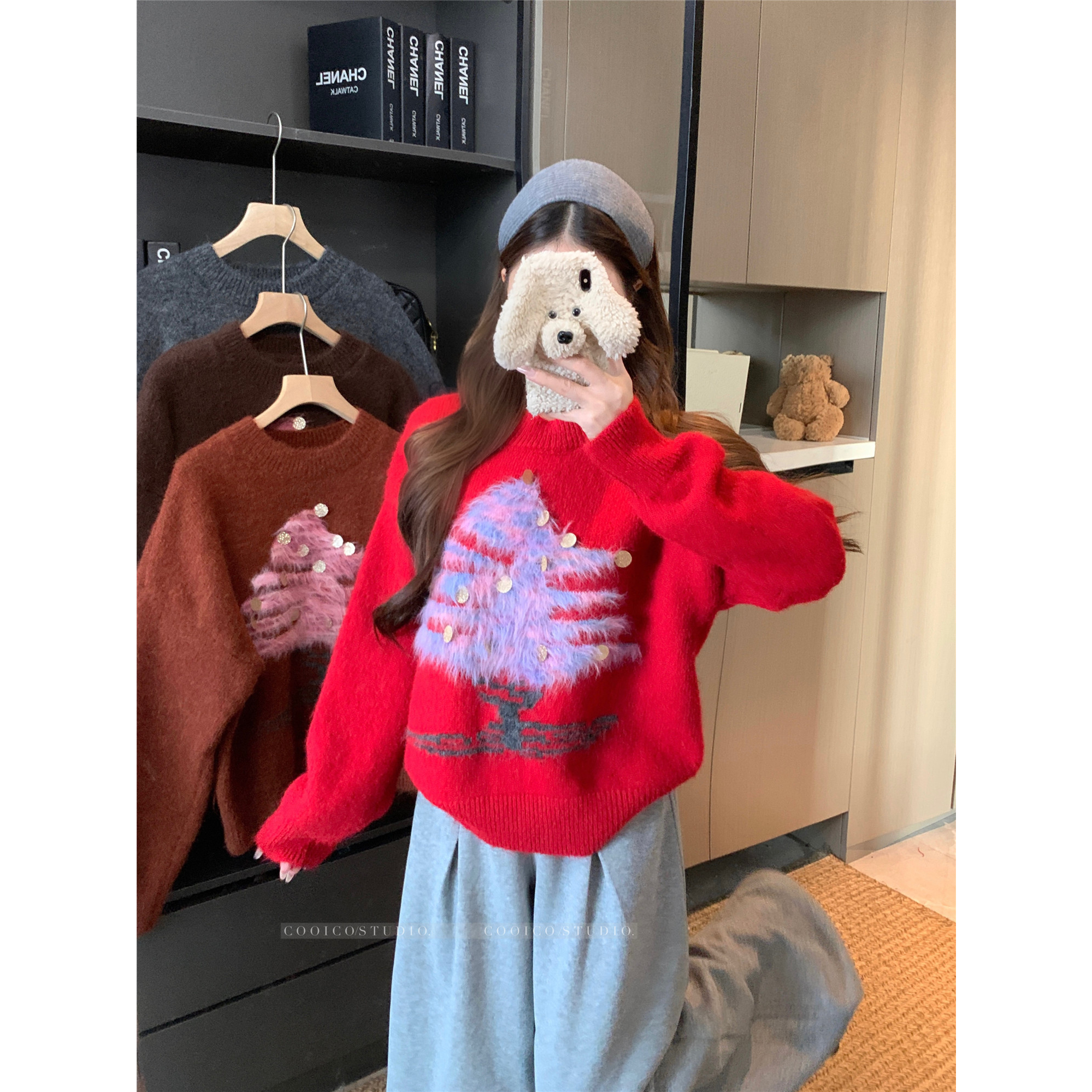 实拍实价~秋冬圣诞立体彩虹树毛衣女套头圆领氛围设计感针织上衣