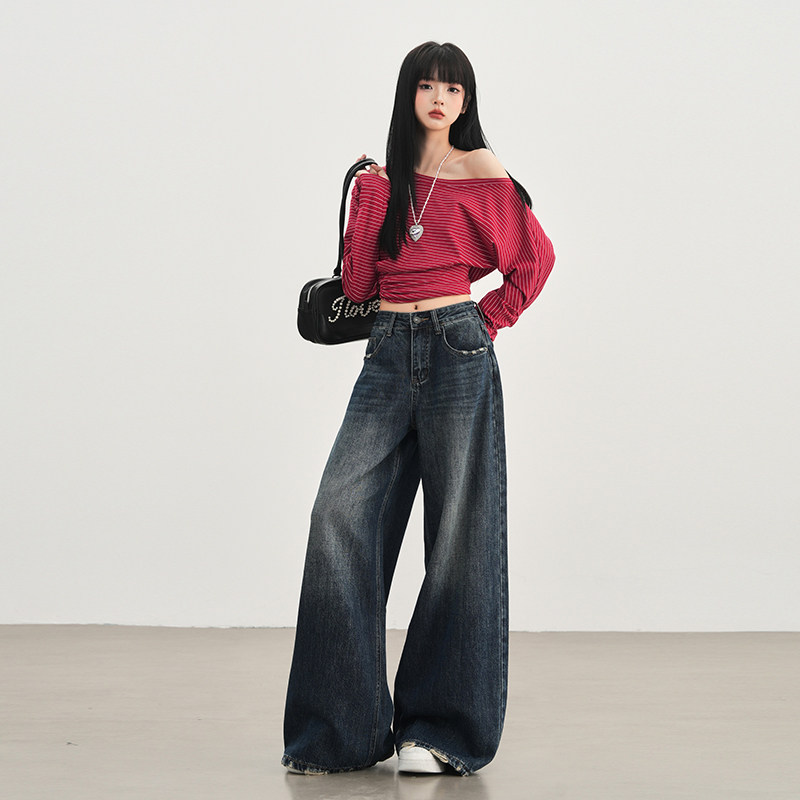 实力工厂美式复古阔腿牛仔裤女冬季小个子高腰宽松垂感磨破直筒裤
