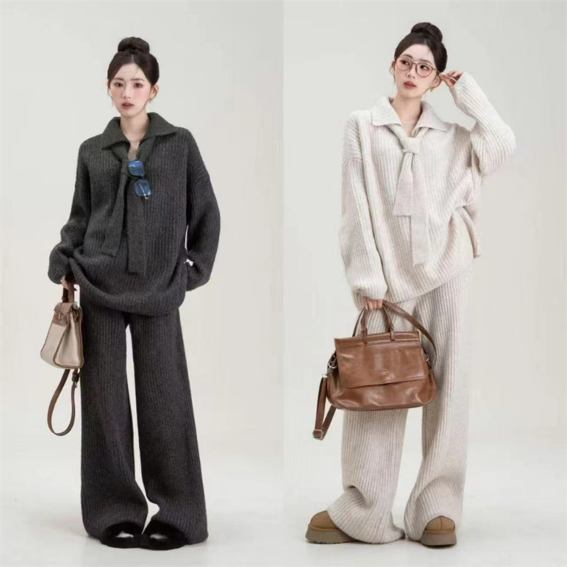 毛衣套装女秋冬高级感Polo领针织上衣休闲长裤宽松慵懒风两件套