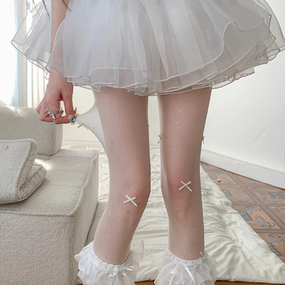 芭蕾风Lolita蝴蝶结白色带钻丝袜