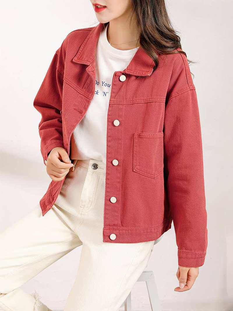 砖红色加绒牛仔外套女短款2021年秋冬新款韩版宽松夹克百搭牛仔衣