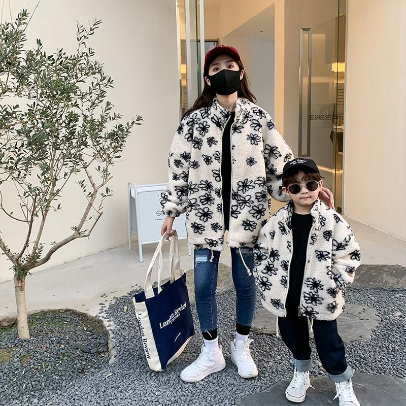 韩国母女装外套2021新款中大童毛毛衣韩版上衣羊糕绒秋冬季母子装