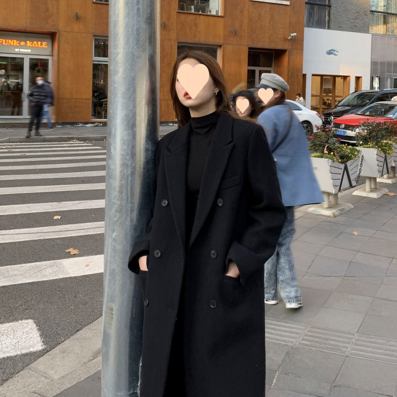 秋冬加绒加厚中长款过膝毛呢外套女宽松小个子赫本西装呢子大衣潮