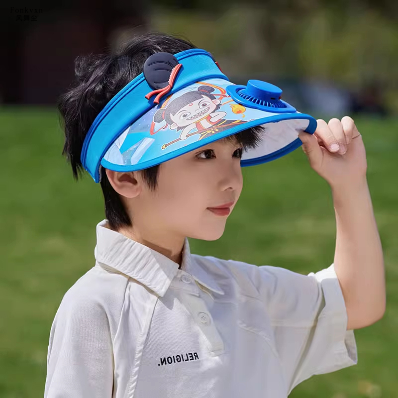 儿童哪吒敖丙防晒帽男童遮阳帽夏季防紫外线女孩太阳帽带风扇帽子