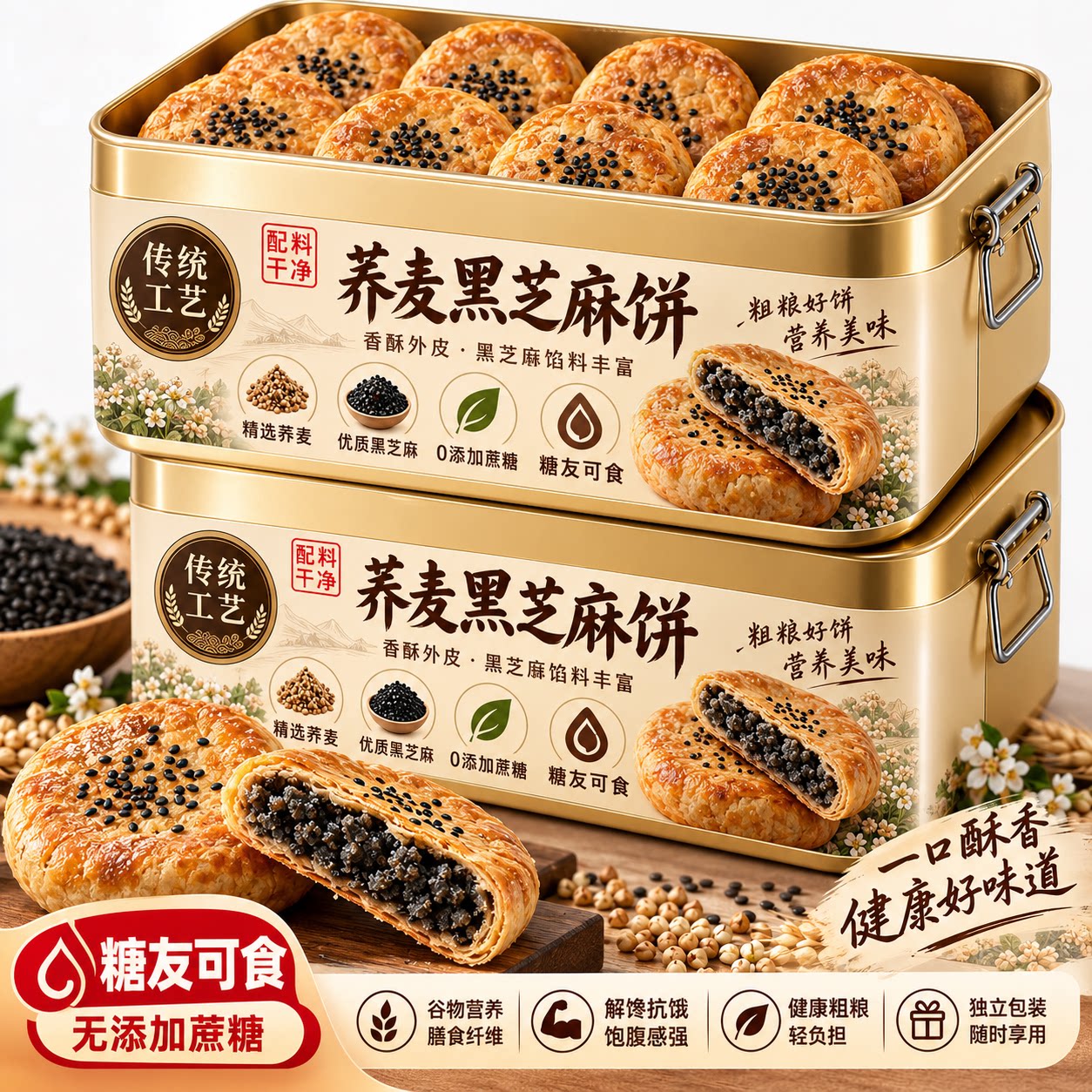 荞麦黑芝麻饼无加蔗糖掉渣酥饼馅休闲零食小吃老婆饼传统糕点早餐