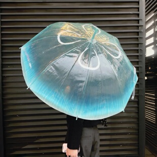 蓝色水母雨伞小巧便携透明伞防水加厚高颜值半自动长柄伞拍照道具
