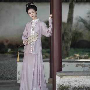 浅紫色化纤罗马面裙思华锦原创明制汉服提花暗纹仿花罗半身裙