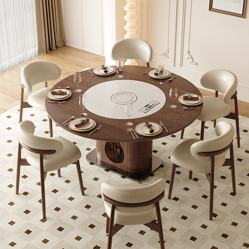 胡桃色多功能实木餐桌圆形中古风