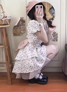 【原版面料】韩版收腰显瘦短袖系带蝴蝶结蓬蓬连衣裙女短泡泡袖-