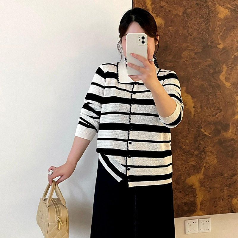 大码女装polo领条纹针织开衫女2026秋胖mm薄款镂空显瘦外搭25065-