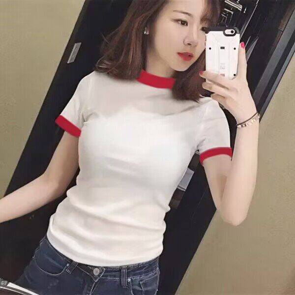 纯棉t恤女短袖半高领紧身打底衫