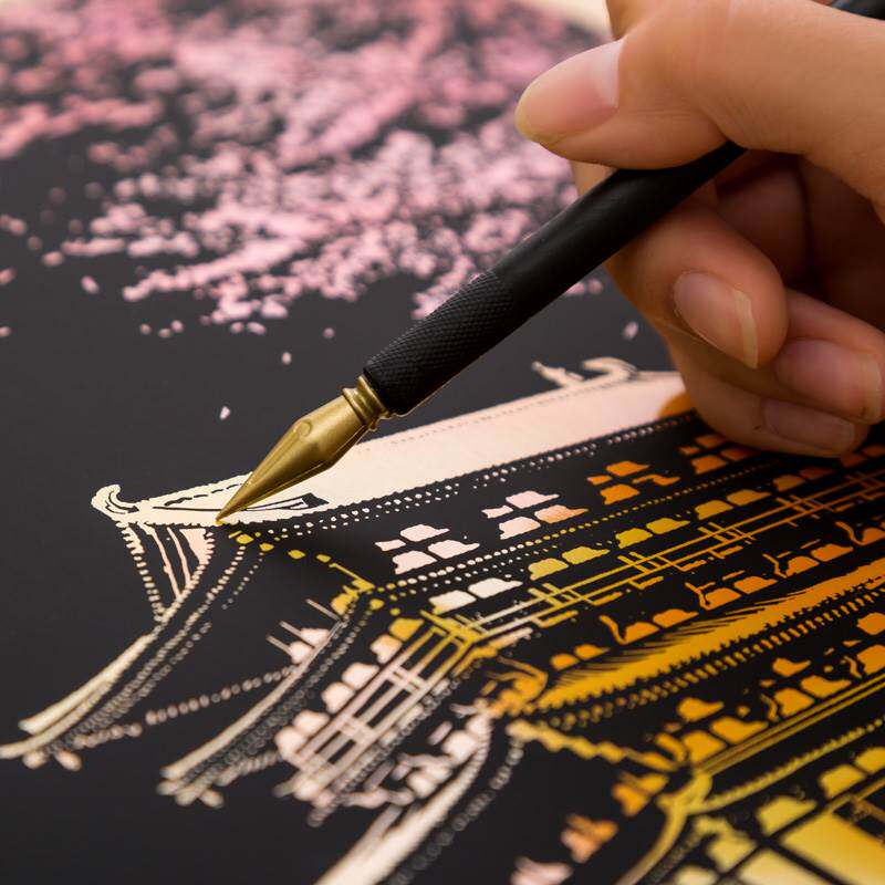 彩色成品刮画梦幻城堡城市夜景刮刮画炫彩diy手工a3刮画纸8开刮好