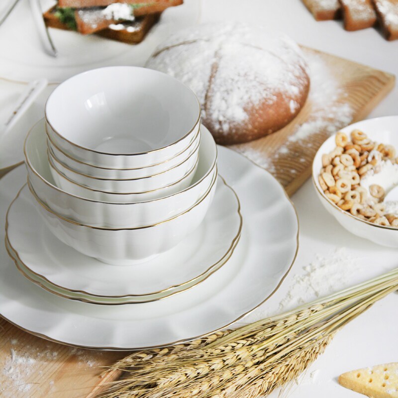 锦牌骨瓷餐具品味轻奢金边饭碗大汤碗盘子盘子家用北欧西餐牛排盘