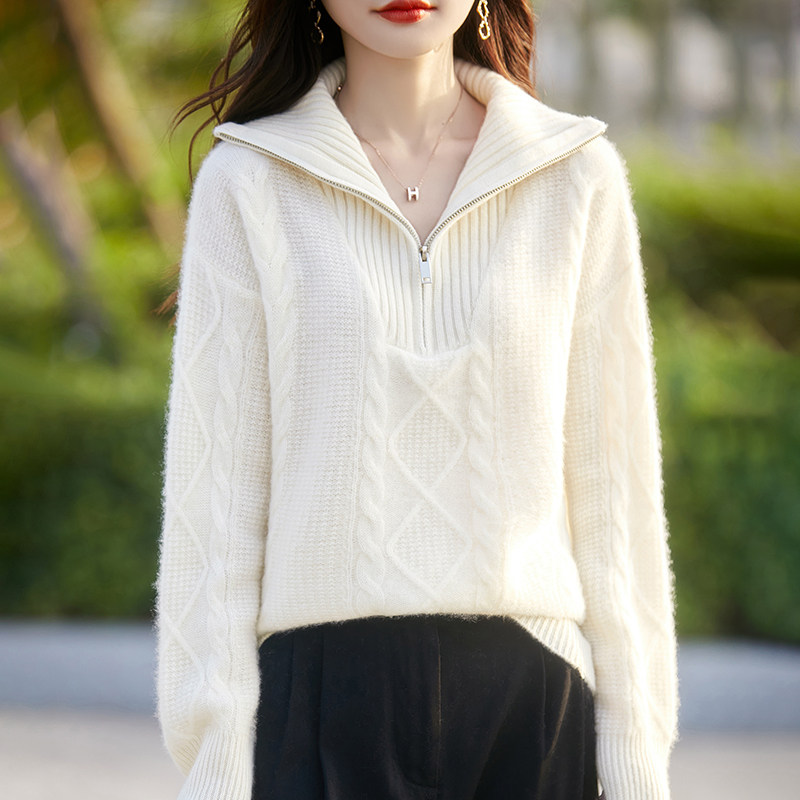2026秋冬半开拉链100%纯羊毛衫宽松毛衣针织衫