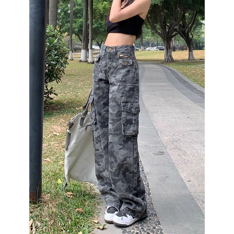 迷彩高腰工装多口袋牛仔裤女