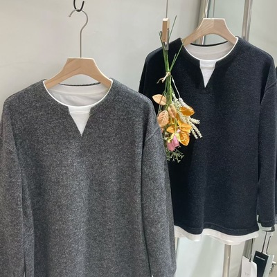 高街2025秋冬新款美式宽松休闲V领假两件长袖加绒卫衣针织打底衫
