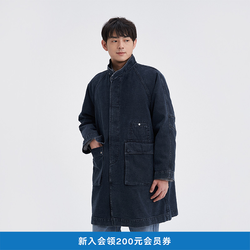 靛蓝染帆布可拆羽绒内胆风衣