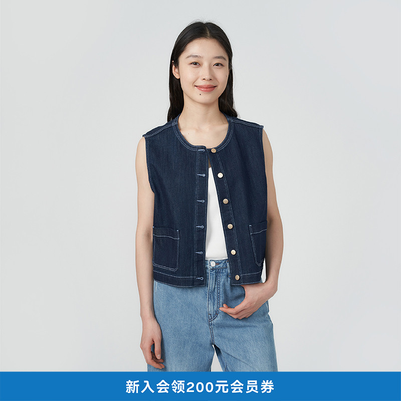 kleeklee牛仔圆领箱型马甲