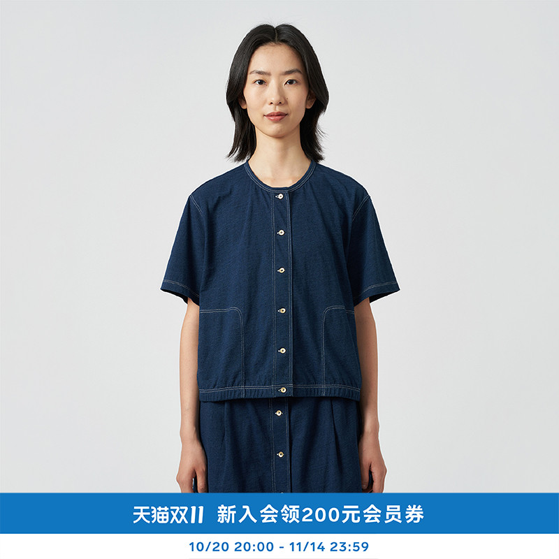 kleeklee靛蓝染针织布短袖衬衫