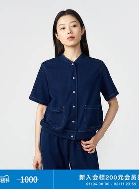 klee klee 女装环保棉靛蓝染竹节针织短袖开衫K0243BL07