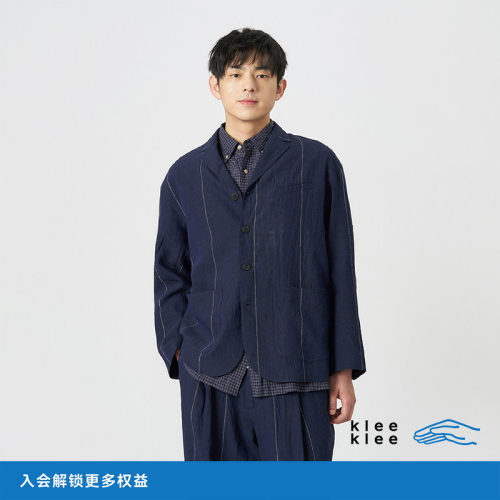 kleeklee羊毛麻条纹蓝布西装