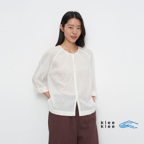 环保棉格型泡泡纱喇叭袖开襟上衣