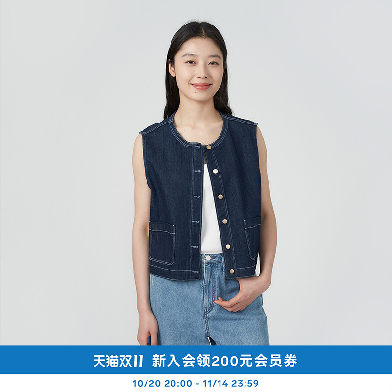 kleeklee牛仔圆领箱型马甲