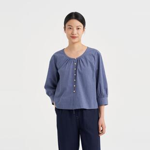 klee 女士蓝格子布日常百搭圆领七分袖 上衣26春夏新款 klee衬衫