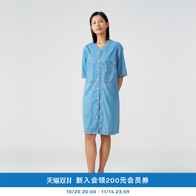 薄型无弹牛仔V领连衣裙