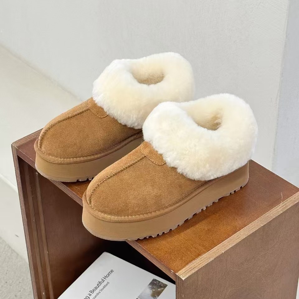 塔茨特厚底雪地靴女冬季2025新款牛皮羊毛加绒加厚保暖低帮懒人鞋