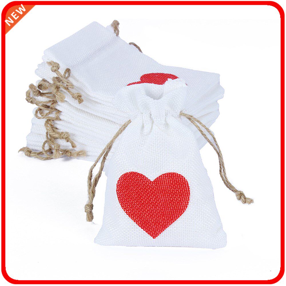5pcs heart linen jute drawstring gift bag sacks wedding bir