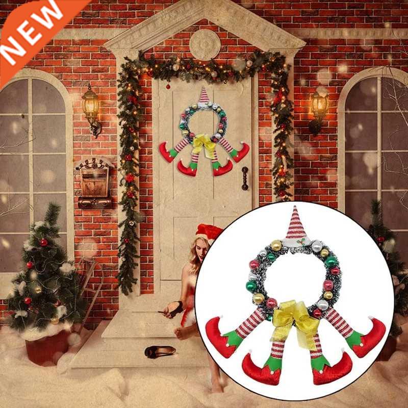 Christmas Striped Clown Elf Legs Wreath Front Door Decor