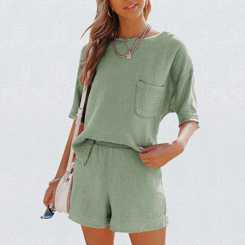 SUMMER CASUAL COTTON LNEN POCKET SETS SHORT SLEEVE T SHRT