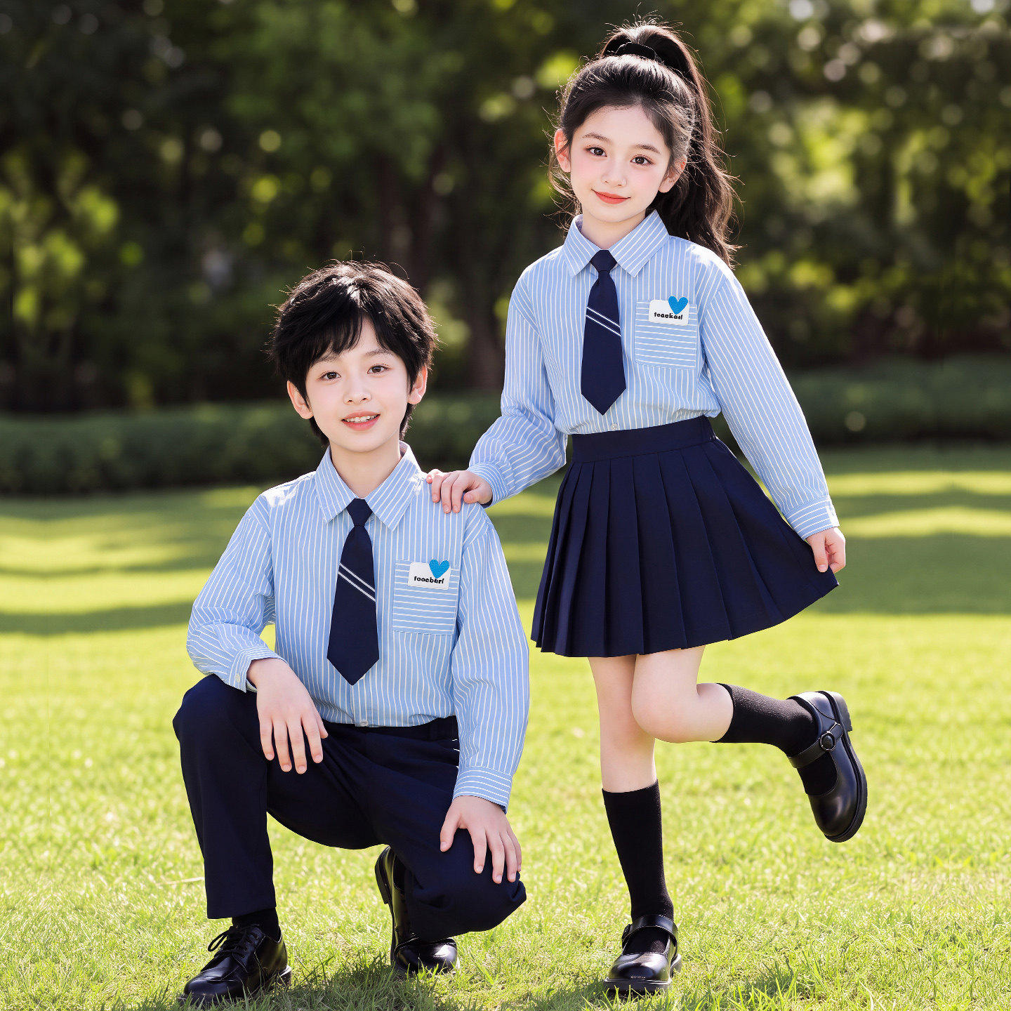 中小学生蓝色条纹衬衫幼儿童学院风演出服六一合唱表演服套装校服